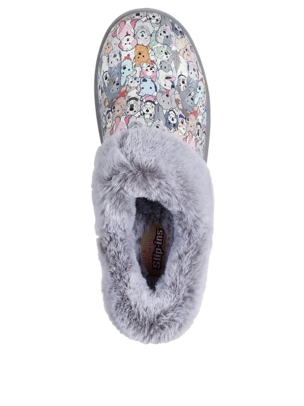 BOBS from Skechers Gray Plush Clog Slippers with Multicolor Puppy Pattern